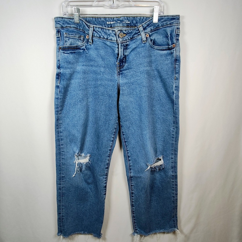 Old Navy OG Loose Low‎ Rise Distressed Raw Hem Jeans Blue Womens 14